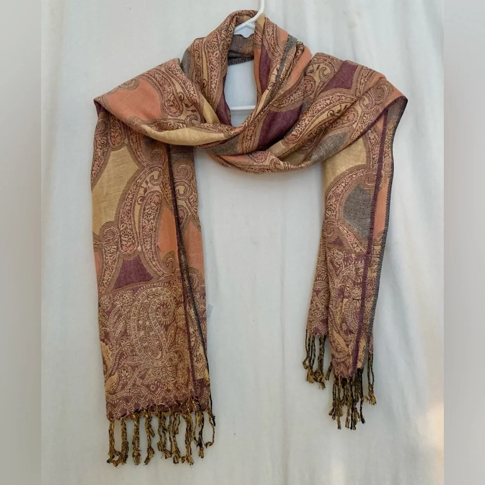 Dimri Orange & Brown Print Rayon Shawl Scarf Wrap Oversized 84” x 26”